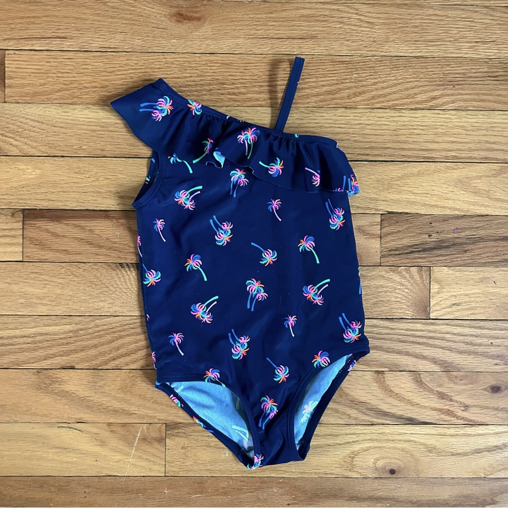 OshKosh girls 3T navy with neon palm trees print swimsuit